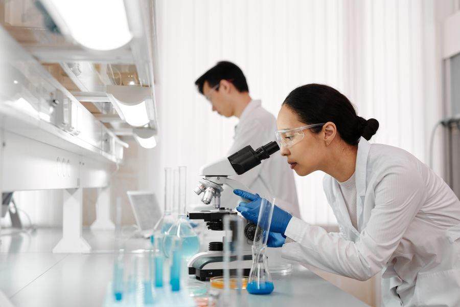 Biomédicas analisando amostras ao microscópio no laboratório